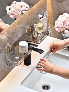 Suction cup washbasin storage rack faucet wall mounted no drilling bathroom mirror sink storage