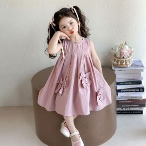 Summer New Pink Sweet and Cute Round Neck Sleeveless Vest Dress with Bow Decoration for Girls Aged 3-7 Daily Wear