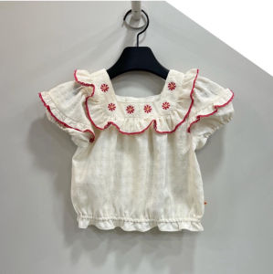 Girls Cotton Short Sleeve T-Shirt Embroidered Heavy Work Comfortable Soft Square Collar Bubble Sleeve Summer New Arrival Kids Clothing