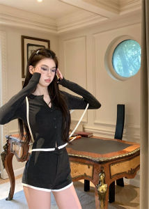 Korean Style Hot Girl Sporty Casual Set Women Summer Color Block Short Sleeve Long Sleeve Open Cardigan Top High Waist Shorts Two Piece Set