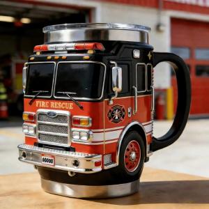 Fire Rescue Mug 3D Fire Truck Coffee Mug Double Wall Stainless Steel Insulated Tumbler for Firefighters Station Work Gifts