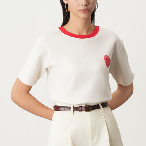 Simple Cotton T-Shirt Womens Loose Fit Short Sleeve round Neck Slimming Shoulder Line Printed Casual Summer Top