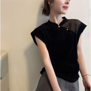 เสื้อยืดคอตั้งแขนกุดผ้ากำมะหยี่สีดำระบายอากาศได้ดี ทรงสลิมฟิต แฟชั่นฤดูร้อน สำหรับผู้หญิง ทรงหลวม ทรงปกติ