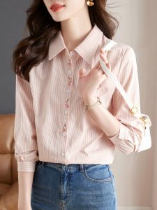 Spring 2025 Womens Long Sleeve Stripe Shirt Thin Embroidered Spring Autumn Outerwear Versatile Base Layer Top Commute Style Loose Fit