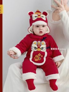 Red Winter Outfit for Baby Boys Celebratory Full Moon One Year Old Outfit Festive Childrens Clothing Polyester Cotton Long Sleeve
