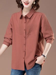 Áo Sơ Mi Nữ Cotton Nguyên Chất Dáng Rộng Thời Trang Cho Phụ Nữ Trung Niên Mùa Thu Cổ Polo Tay Dài Màu Trơn Áo Dài Thường Ngày