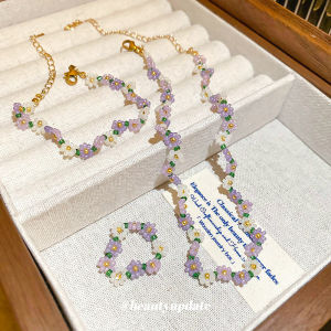 Country Style Fresh Rice Bead Titanium Steel Flower Necklace Bracelet Ring Set for Girls Trendy Forest System Jewelry