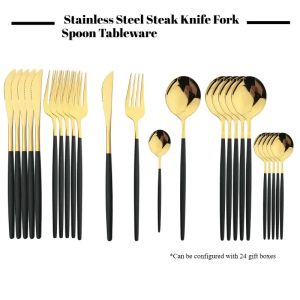 Black Handle Golden Cutlery Set Stainless Steel Steak Knife Fork Spoon Tableware Flatware Set Festival Kitchen Dinnerware