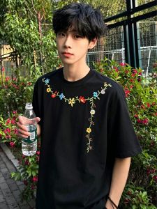 OUMULONG | Floral Embroidery Short Sleeve Cotton Narrow Collar Summer Boyish T-Shirt