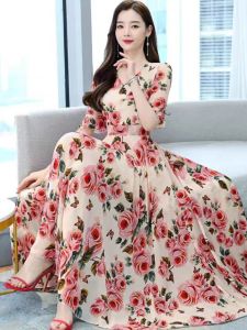 Elegant plus Size Womens Dress Luxury Waist-Cinching Maxi Summer New Style Floral Print Short Sleeve V-neck A-line Skirt