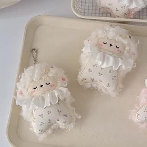Cute Fluffy Sleeping Sheep Plush Pendant With Ruffle Collar Floral Print For Bag Decor Girl Gifts