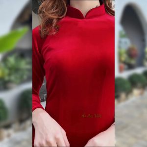 Áo dài nhung đỏ đô đậm 2 da cao cấp truyền thống mặc lễ tết mùa xuân may sẵn