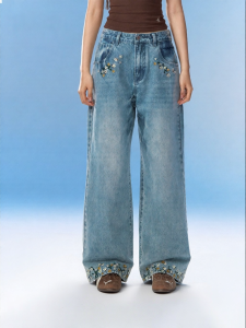 F426 | Versatile Flower Embroidery Wide Leg Jeans