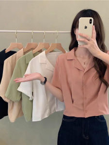 Summer New V-Neck Short Sleeve Shirt Womens Retro French Design Small Batch Top Loose Fit Commute Style Pure Color Button Closure