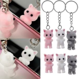 Korean Y2K Flocking Cat Keychain Cartoon Plush  3D Kitty Heart Bow Pendant DIY Decoration Lovely Animal Keyring for Girls