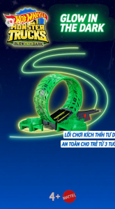 Hot Wheels Monster Trucks Glow in the Dark Epic Loop Challenge với vòng xoay neon xe Nitro Doorslammer và Podium Crasher phù hợp cho trẻ em từ 4-8 tuổi.