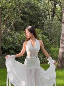 Modern Latin Dance Costume Pearl Flocking Vestibule Performance Skirt with Sash Hanging Neck Sleeveless Fishbone Design