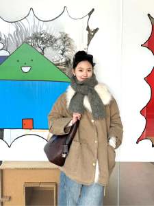 Cool Fox Fur Collar Workwear Style Womens Jacket All-Match Winter Long Sleeve Coat Korean Version Commute Single Button