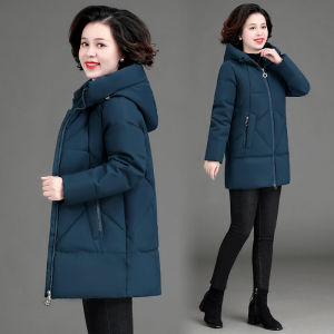 Thickened Cotton Jacket Hooded Mid-Length Winter Coat for Middle-Aged And Elderly Women Winter Clothes Korean Style Straight Cut
