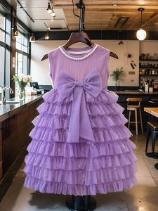 Girls Summer Birthday Dress Purple Vest Skirt Childrens Clothing Princess Style Cotton Blend Polyester Fabric Gored Skirt