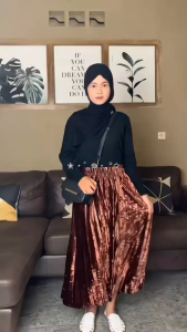 Threelook Official Rok Bludru Premium 7/8 Bulu Velvet Maxmara Model Viral Terbaru Remaja Kekinian Bisa Cod
