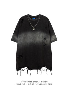 เสื้อยืดคอกลมแขนสั้นผ้าฝ้ายผสมสไตล์อเมริกัน High Street Tie Dye ลายก้างปลา ทรงหลวม สำหรับผู้ชาย ฤดูร้อน 2024