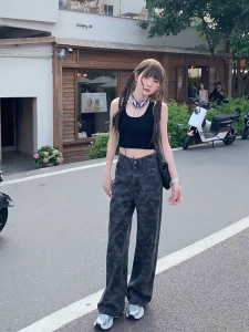 LASA กางเกงยีนส์ลายพรางทรงตรง เอวต่ำขากว้างออกแบบให้ดูเพรียว เหมาะสำหรับสาวๆ ที่มีรูปร่างอวบอิ่ม 📏S-5XL