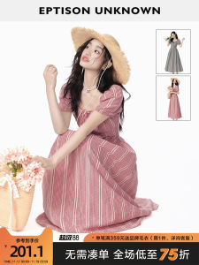 EPTISON Womens Gathered Waist Dress Summer 2025 New Vintage Plaid Holiday Style Outing Clothing Long Skirt A-Line Dress