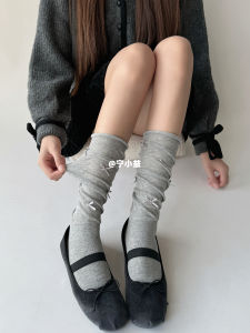 Ning Xiao Yi Bubble Mouth Butterfly Knot Thin Summer Ballet Style Grey Mid-Calf Womens Socks Absorb Sweat And Moisture
