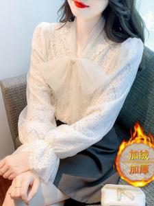 Womens Long Sleeve Lace Base Shirt Butterfly Knot Design Spring Fashion Inner Wear Chiffon Top Warm Control Brand