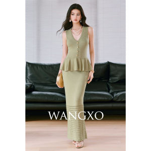 WANGXO | Đầm Knit V-Cổ Dày Xòe Dưới Ôm Eo Không Tay