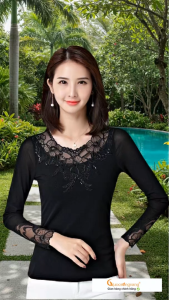 Cuocsongvang Áo kiểu nữ phối ren A252 thun mềm dài tay co giãn mạnh
