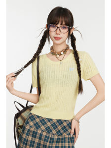 Yellow Knitted Short Sleeve T-Shirt Womens Summer Hollow out Loose Butterfly Knot Design Unique Ice Silk Top for Young Women