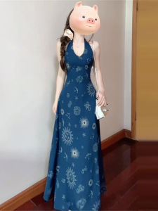 Beach Vacation Blue V-Neck Halter Dress Women Summer 2025 New Dopaamine Waist Cinched Long Dress Sweet Japanese Style High Waist A-Line Skirt