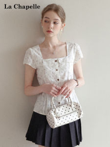 La Chapelle | Bow Print Square Neck Short Sleeve Summer Belted Crop Shirt