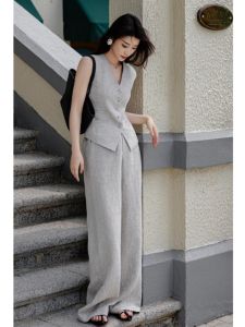 Womens Cotton Linen Set Summer 2025 New Holiday Style High Sensation Casual Simple Linen Vest Wide Leg Pants Two Piece Set
