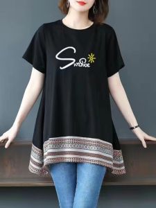 Fashionable Mid-Length Short-Sleeve Womens T-Shirt plus Size Health Ring Summer Wear Loose Fit Korean Style Exercise Jewelry