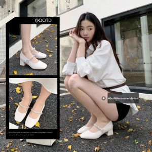 Josiny | French Bridal Party Mary Jane High Heels Rough Heel Water Diamond Design