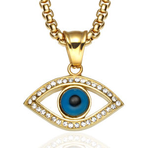 Stainless Steel Turkish Evil Eye San Benito Pendant Necklace for Women Men Bling Iced out Rhinestone Evil Eye Long Choker