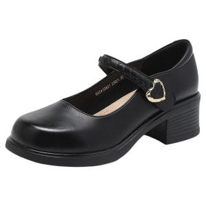 Josiny | Black Mary Jane Shoes with Flat Entry Coarse Heel and Strap Retro Style