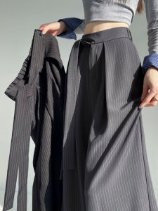 Quần Ống Rộng Cạp Cao Kẻ Sọc Nữ Mùa Thu Mới Thiết Kế Dây Thắt Lưng Quần Dài Thường Ngày Dài Đến Sàn