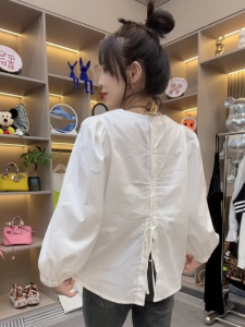 Casual Loose Bubble Sleeve round Neck Shirt Womens Fashion Back Button Tie Drape Shirt Autumn New Style European Style