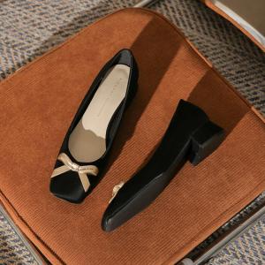 Spring 2024 Elegant Butterfly Knot High Heels Comfortable Chunky Heel Versatile Casual Shoes for Women Square Head Rubber Sole