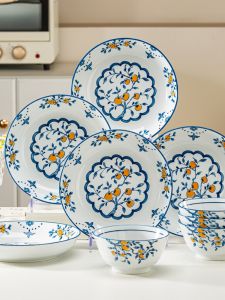 ชุดจานและจานเซรามิกสไตล์ชนบท ชุดจานครัวบ้านใหม่ปี 2024 จานอาหารลึก สัมผัสหรูหรา ความจุขนาดกลาง อุปกรณ์บริการ