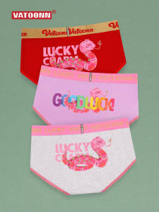 Pure Cotton Womens Underwear Triangle Cartoon Print mid Waist Abdomen Control Antibacterial Large Size American Red Chinese Zodiac Snake Year