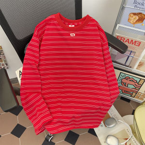 Áo Thun Nam Tay Dài Cổ Tròn Dáng Rộng Phong Cách Mỹ Cổ Điển Mùa Thu Màu Đỏ Sọc Thoải Mái Thường Ngày