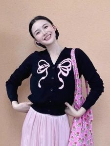 XUECAIQI | Korean Style Atmopheric Black Knit Top and Pink Skirt Set Women