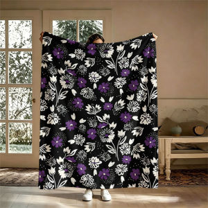 BILIBILI | Purple White Floral Black Flannel Blanket Perfect for Sofa Office Bed Travel Sleep Read Relax Camping Four Season Use