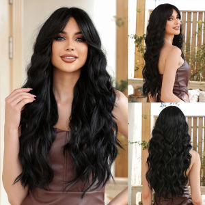วิกผมสังเคราะห์ลอนยาวทรงหลวมวิกผมหยักศกสีดำดูเป็นธรรมชาติมีผมม้าปลอมสำหรับงานเลี้ยงในชีวิตประจำวันคอสเพลย์สำหรับผู้หญิงทนความร้อน