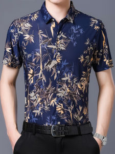 Single Breasted Lapel Short Sleeved Shirt Mens Slim Fit Printed Polyester Fiber Summer Thin Style European Flavor No Pocket